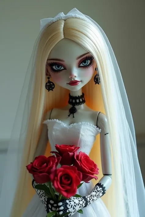 Blonde Monster high doll with straight hair down, pentagram earrings, wearing a white dress and white veil in the back, black choker, white long lace gloves, smudged eye makeup and holding a bouquet of red roses