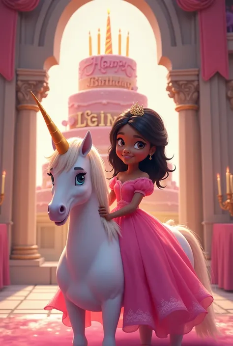 A dark-skinned princess , slightly straight hair and black eyes, with a happy smile .  She wears a bright pink dress and is riding a white unicorn with a golden horn inside a castle with a 22nd birthday cake, that says "Happy birthday Leidy "  anime style,...