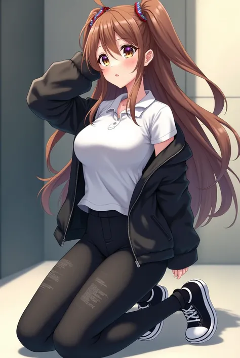  anime girl image, long brown hair, black tennis shoes and white sole ,  white polo and black open jacket,  long tight black pants,  too big,  pants marked on the pants , kneeling on her back