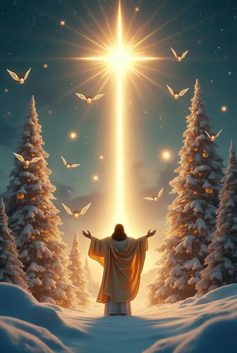 "Create a highly realistic, detailed Christmas scene where a massive star shines brightly in the night sky. Floating angels surround the star, their wings glowing softly, creating a heavenly atmosphere. In front of them, Jesus, dressed in a glowing golden ...