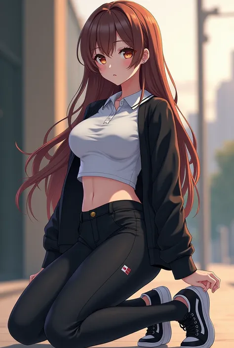  anime girl image, long brown hair, black tennis shoes and white sole ,  white polo and black open jacket,  long tight black pants, Butt too huge,  pants marked on the pants , kneeling on her back, back angle 