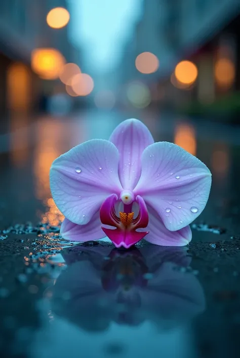 This image features a soft pink and light blue Thai orchid with dewdrops on its petals, floating on a wet, reflective surface. The background has warm, blurred light and soft focus, reminiscent of a nighttime city scene. The overall atmosphere is calm and ...