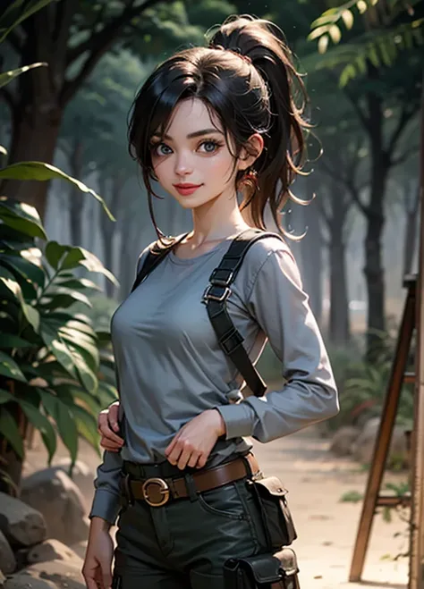 hdr, lara croft, ponytail, looking at viewer, smiling, cowboy shot,  
wearing grey long sleeve shirt, cargo pants, holster, belt, 
outside, jungle, temple, wonderous ambiance, bounce lighting, extremely detailed,