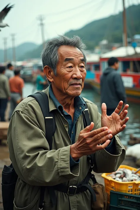 A Japanese man saying that fish is life ,  is his food in the town of Minamata in the 60s 