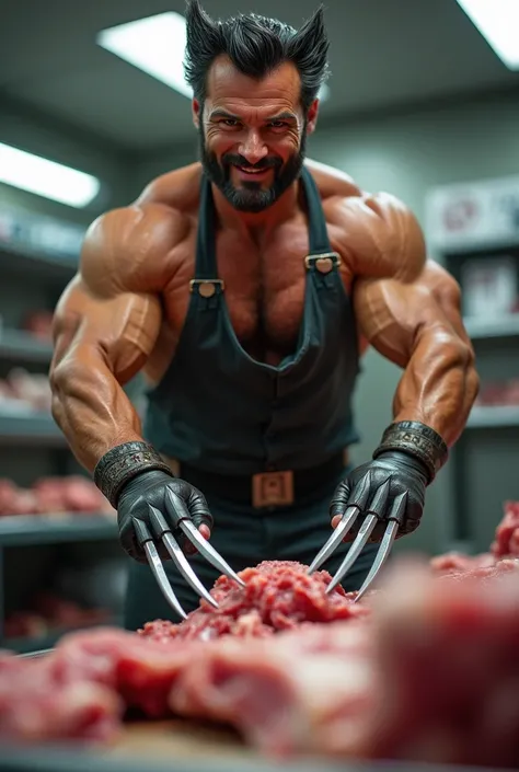 Create a realistic macro photo image of the muscular Wolverine using his claws to cut meat in a butcher shop, he is looking at the person who sees the image and is expressing satisfaction. The setting is a clean butcher shop with a meat counter filled with...