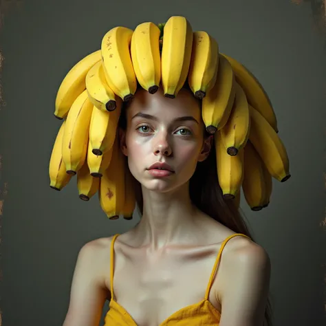 SUBJECT(1.0): "seated Portrait of a young woman with fair skin, prominently visible collarbones, and a serene expression, wearing an elaborate headdress made entirely of bright yellow bananas. She is unadorned, with no jewelry or makeup, emphasizing natura...