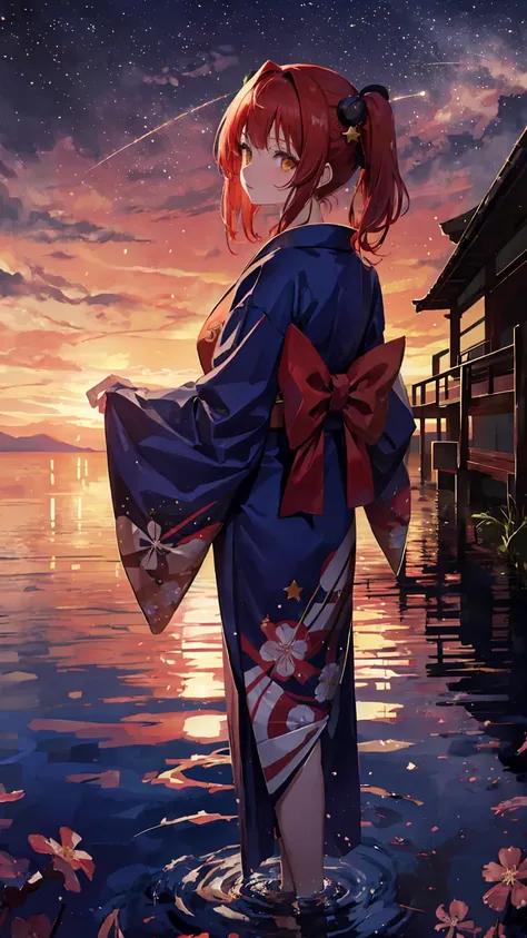  1 girl , distant girl wearing a kimono staring at the star, girl with red hair ,   pigtails and straight bangs  ,  Medium Hair ,  yellow eyes, -girl,  Japanese,  (zoomed out:1.1), (流star群:1.2), (彗star:1.1), your name, Low Angle,  from behind,  Aurora, sho...