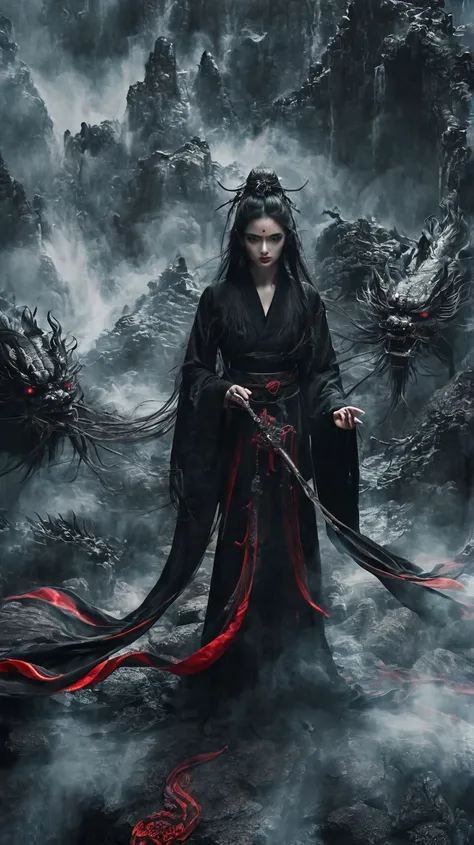 best quality,ultra-detailed,xianxia,death god,beautiful detailed eyes,beautiful detailed lips,extremely detailed eyes and face,flowing long hair,dark and mysterious atmosphere,black cloak,glowing red eyes with a sinister gaze,sword of darkness held tightly...