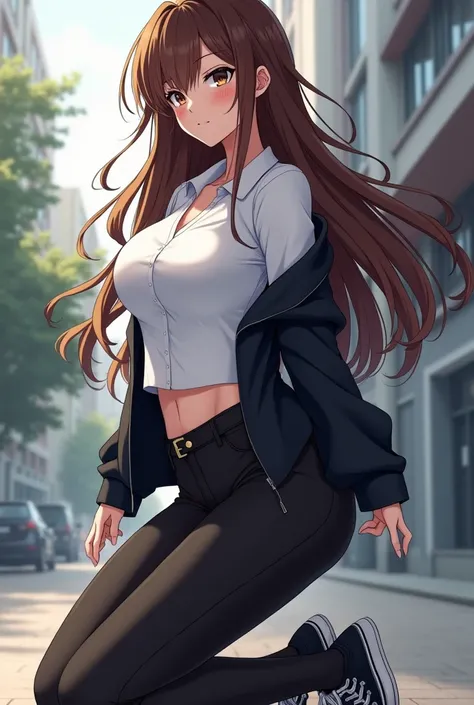  anime girl image, long brown hair, black tennis shoes and white sole ,  white polo and black open jacket,  tight black pants, voluptuous hips, kneeling on her back, back angle ,  showing the butt 