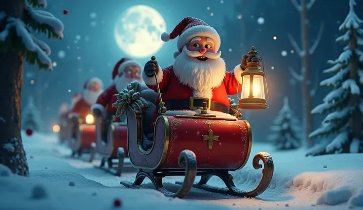 A whimsical, cinematic winter scene featuring a jolly Santa Claus in his sleigh, soaring through a snow-covered landscape illuminated by a full moon and twinkling stars. The image captures the magic and wonder of the holiday season, with Santas rosy-cheeke...