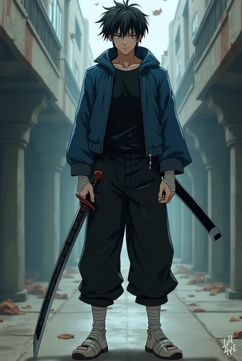 Create a character from the anime Kill a Kill with messy black hair age 16, Gender: mens,  personality would be and calm , slim and strong physique ,  bandages on hands and shoes ,  black shirt and blue jacket black canvas pants and a katana broken in half...