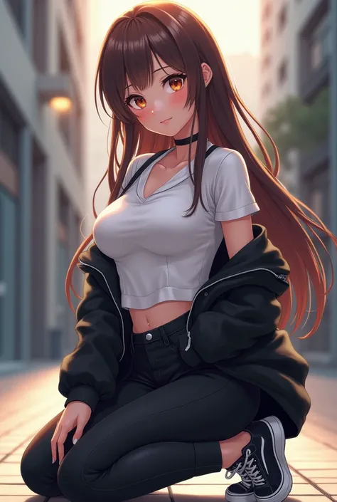  anime girl image, long brown hair, black tennis shoes and white sole ,  white polo and black open jacket,  tight black pants, voluptuous hips, kneeling on her back, angle behind 