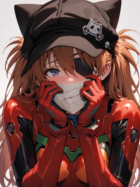 (masterpiece,  best quality,   Details),  one girl who is at ease,  simple background、 cowboy shooting alone,
 Soryu Asuka Langley ,  red jacket , underwear bodysuit,Cat hat, Eye patch,  (tape)  、Hide your face、(By hand、Cover your face)