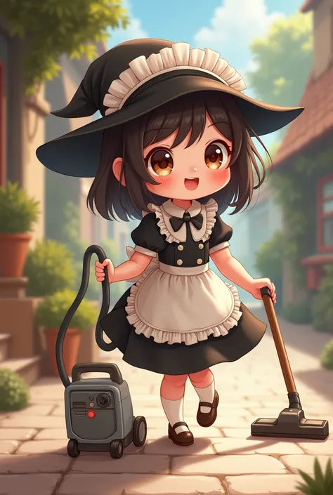 Anime cute girl with twin witch hat maid clothes riding a broom and cleaning with a vacuum