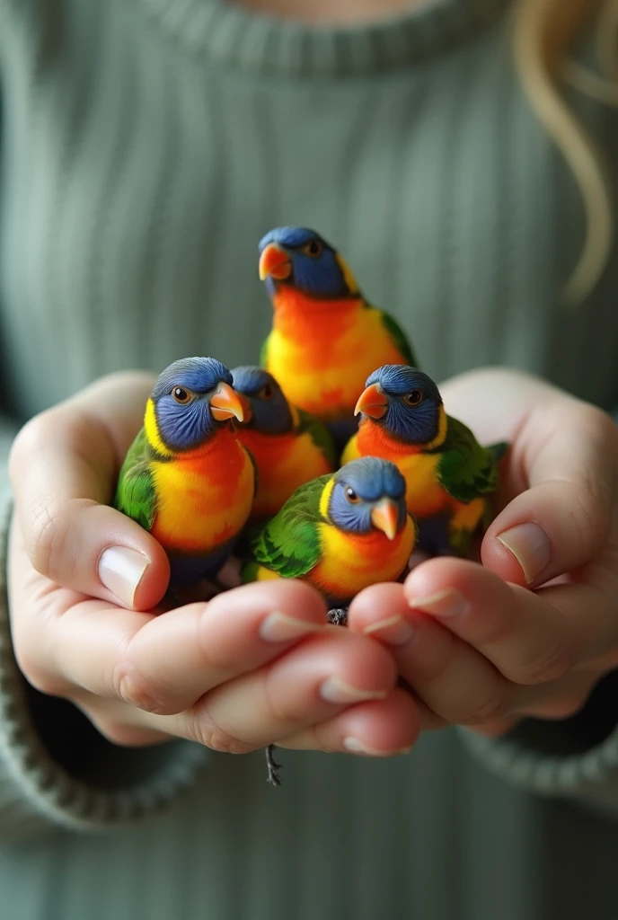 Make a short video of birds which is set up on human hands 