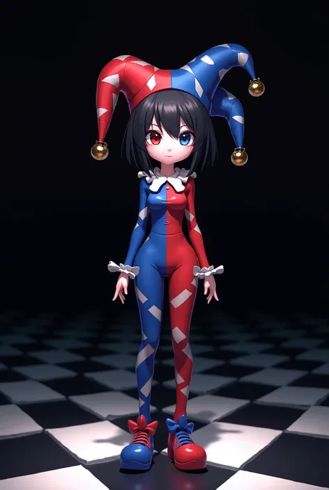 anime style, female character wearing a jester hat with alternating red and blue patterns, short black hair, left eye blue, right eye red, jester outfit with matching red and blue colors, jester shoes in red and blue, shy expression, height 1.75 meters, st...