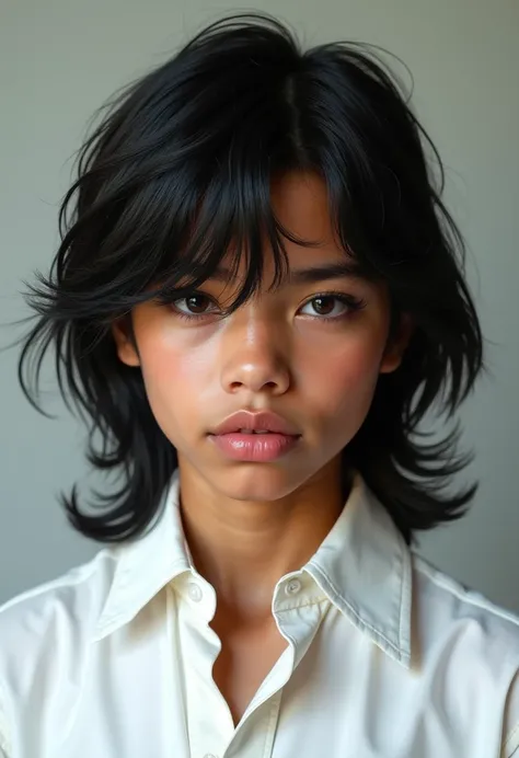 A mexican teenage boy with a long black mullet haircut, ((big lips)), and ((slanted eyes)), almond-shaped eyes, big lips, white dress shirt, long eyelashes, latin teenage