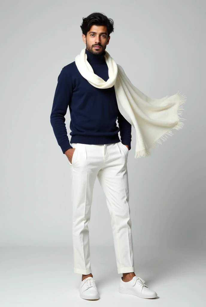 Fair Indian Male with outfit of A navy blue turtleneck sweater.
Slim-fit white trousers.
White sneakers or loafers.
Add a white scarf 