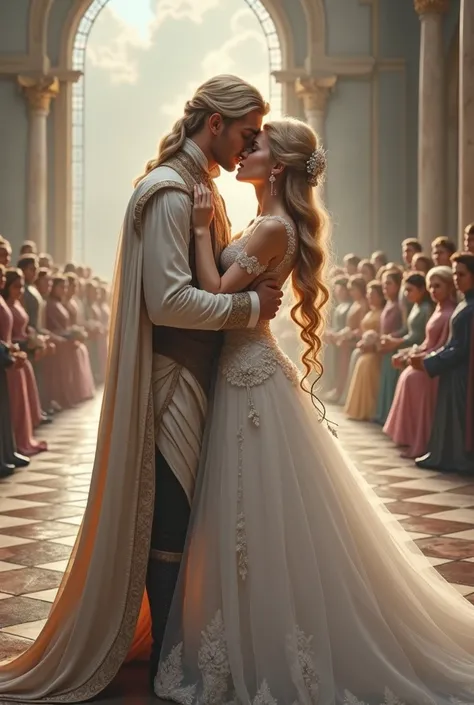  beautiful ,  an exquisite pattern , royal wedding, full of guests,  the groom kisses the bride on the lips ,  and the bride closes her eyes and responds to his kiss ,  incredibly beautiful young blonde with long golden hair, long bangs , with blue eyes, d...