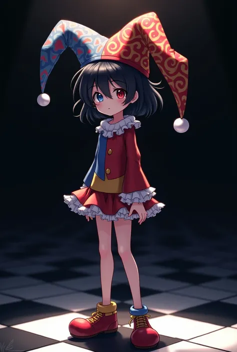 anime style, female character wearing a jester hat with alternating red, blue, and yellow patterns, short black hair, left eye blue, right eye red, jester outfit with matching red, blue, and yellow colors, jester shoes in red, blue, and yellow, shy express...