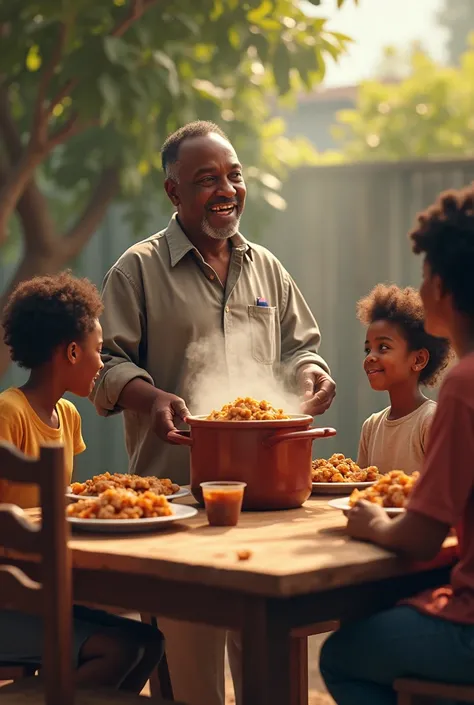 Black guy sitting at the table outside cook out with family with old lady holding a big pot 