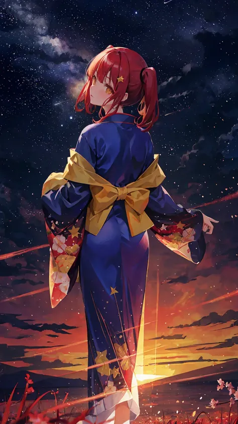  1 girl , distant girl wearing a kimono staring at the star, girl with red hair ,   pigtails and straight bangs  ,  Medium Hair ,  yellow eyes, -girl,  Japanese,  (zoomed out:1.1), (流star群:1.2), (彗star:1.1), your name, Low Angle,  from behind,  Aurora, sho...