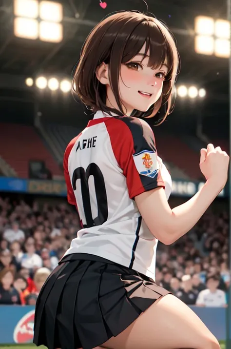 Only one female,  watching a soccer game ,  turn your back,  mature woman , Baby kitsune，/( soccer shirt pleated skirt/), /( brown hair/) bangs,  blushing and happy expression ,  ( greatest masterpiece top quality:1.2)  super detailed, big chest line break...