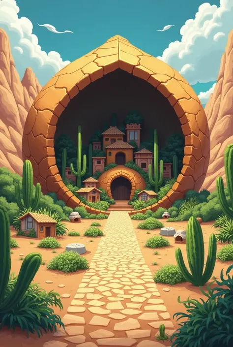 Anime style, create a village with plants, farming areas, residential areas and cobblestone paths. The village is located inside the remains of a giant shell of an ancient insect located in the middle of the desert dunes.