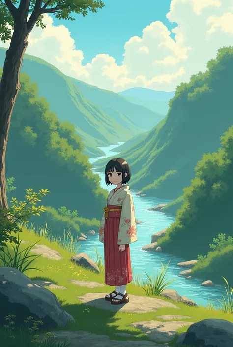 an image of a Japanese landscape with a girl and another image with the same landscape but improved with more contrast and better lighting