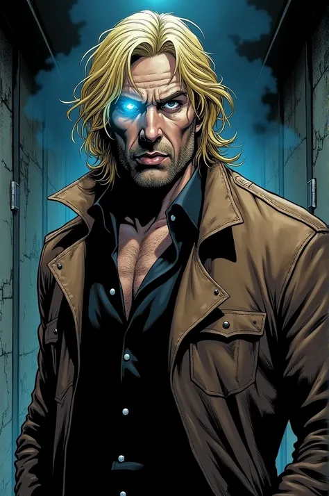  make a comic book character ,  long-haired blond man .  Wearing a brown leather coat , strong black shirt with buttons . You have a surprised face .  the right eye glowing blue . Its in a dimly lit corridor.
 Make the comic book-style image 