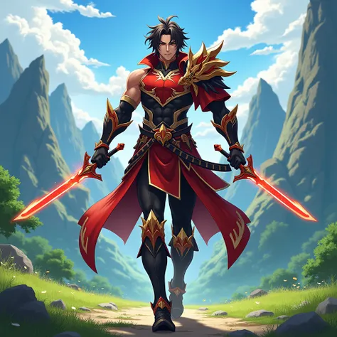 Make an anime man, genshin impact adventurer, with pyro elemental vision, with red and black armor with gold details, muscular, black hair, bright black eyes, holding two swords in his hands, background walking on grass with mountains and trees, best quali...