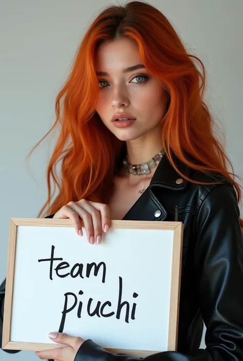  Beautiful girl with long hair , wearing a leather jacket holding a white board with the text Team Piuchi 