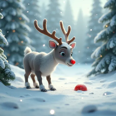 Christmas reindeer looking for its red nose lost in the snow.