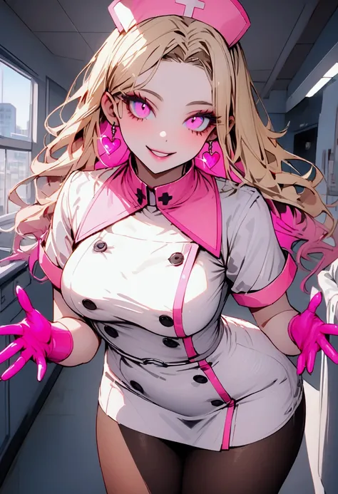 sexy woman, nurse, futuristic short white double breasted nurse dress with pink trim and black buttons, sheer black pantyhose, nurse cap, wicked smile, long luscious blonde hair, bimbo, high res, ultra res, 8k, vibrant, colorful, pink rubber gloves, medium...