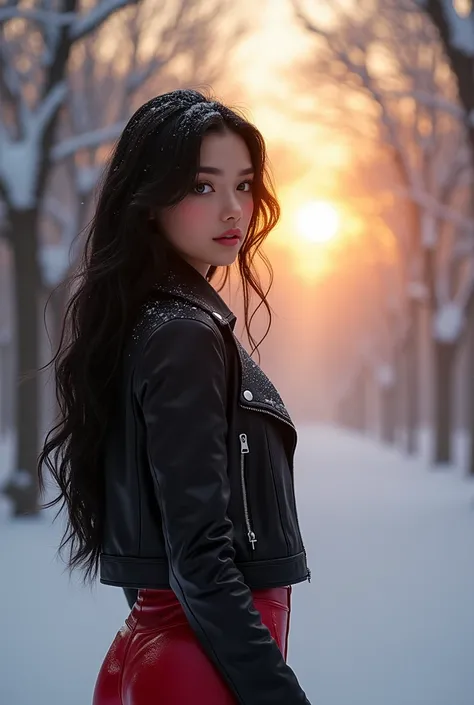 Frozen water trees full of snow morning winter sunrise woman 39 years old big eyes color brown eyes long hair color black hair color medium breasts clothes leather jacket black color leather pants color red   