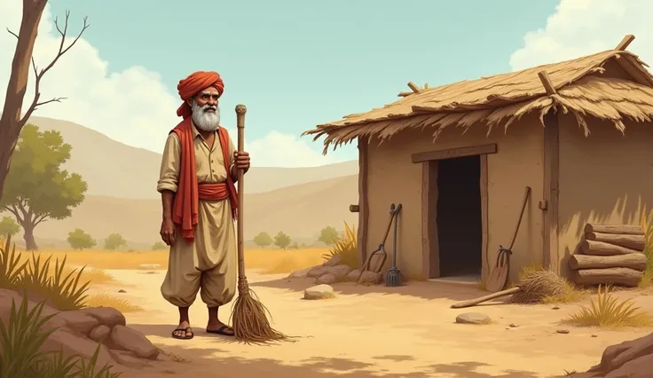 In the rural setting, there is a simple little hut made of wood, outside of which, stands a man dressed in traditional Rajasthani or peasant style clothing, including a turban, hoe, and old-time dress. A poor but contented farmer named Raghunandan is stand...