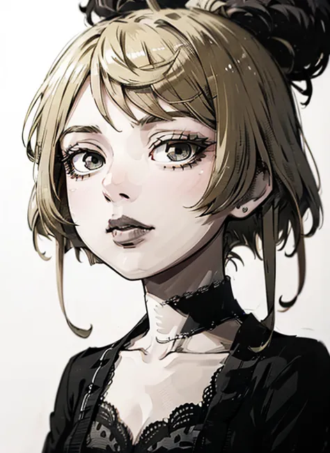 a close up of a woman with a black dress and black lipstick, blonde hime cut hair, with short hair, 1 7 - year - old anime goth ...