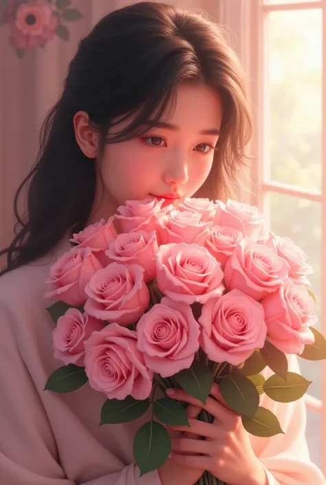 Bouquet of 150 pink roses embraced by a girl