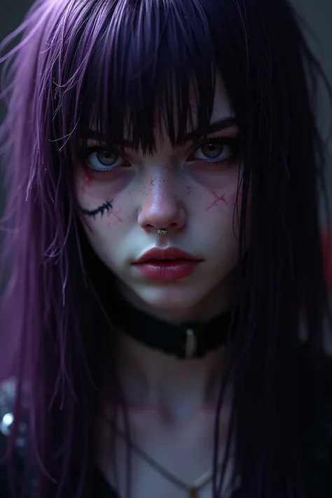  Angry girl with long dark purple hair with bangs dark purple eyes, pale and scarred on her cheek with pierced lips and eyebrows  