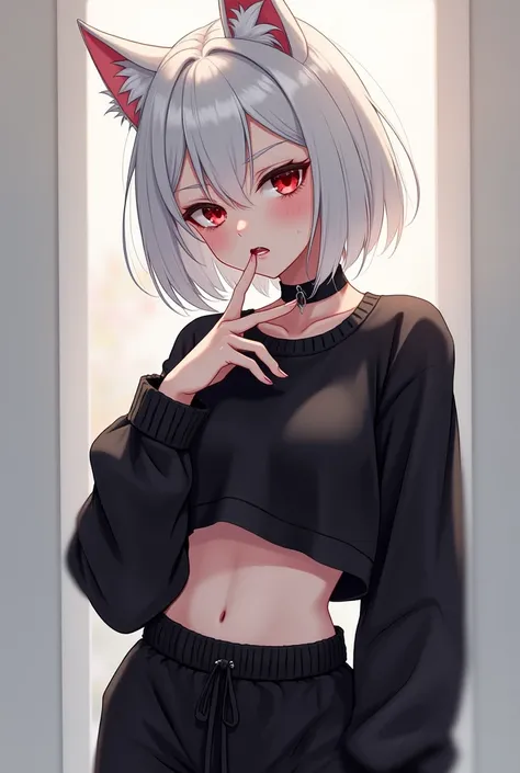  A young 17-year-old girl with short white hair up to her shoulders,  cat ears and tail ,  with red eyes ,  sweet face , size 2 breasts ,  slim ,  with a fit figure . Wears ankle boots , black sweatpants black cropped top with sleeves ,  she caresses her n...