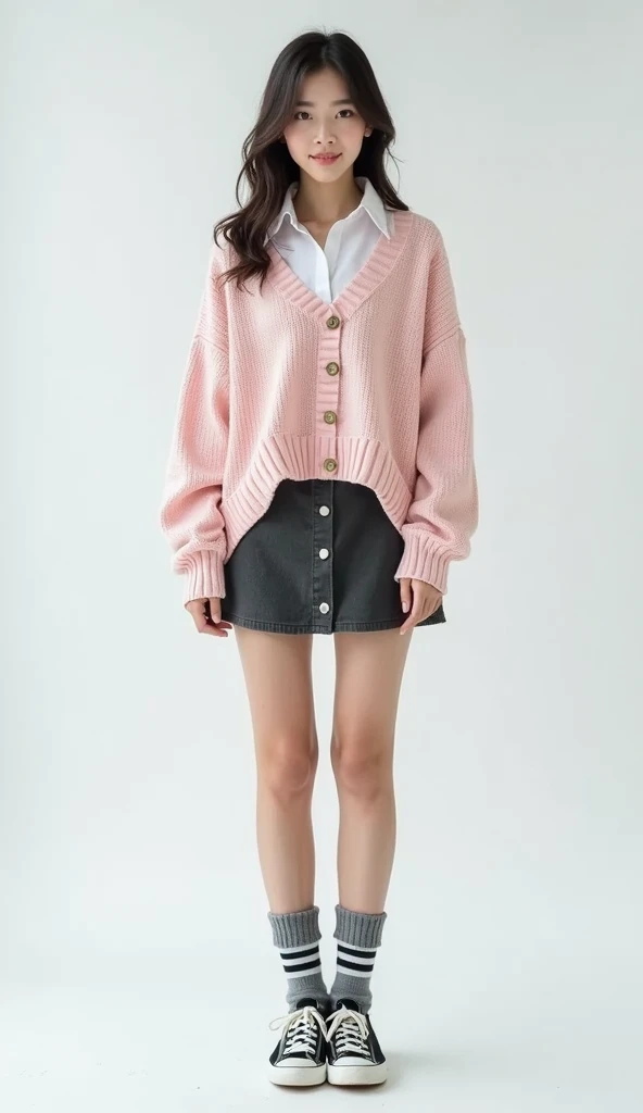 Full body photo, realistic, white background, solo, head up, looking at the camera, Instagram style, 23-year-old young Asian girl, perfect face, wearing a light pink knit sweater with a white short sleeved shirt exposed inside, a cardigan buttoned up to th...