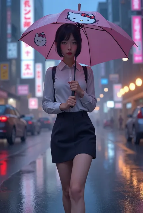 A shy woman (cute, Hello Kitty umbrella, dressed for office work, hair up in a bun) walks toward viewer, rainy day in Tokyo