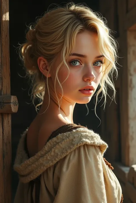 A blond girl with blue eyes and short peasant hair, about 27 years old in the Middle Ages 