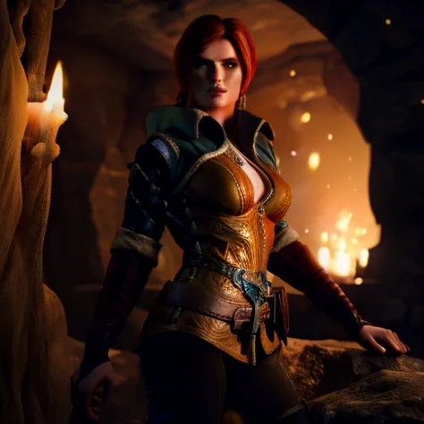 triss merigold in a hunting suit in a cave in the dark, half-naked high detail art 3d