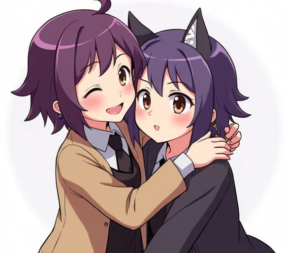 first girl  :  short hair,  brown hair , smile,  brown eyes , happy,  simple background ,  Boku no hero animated style .  Second  :  purple hair ,  short hair (wolfcut), Earrings, smile, shy, ashamed, Ojos violetas.  First and second person cuddling ,  Bok...