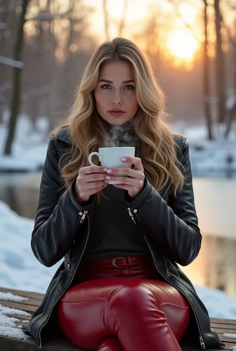 Frozen water snowy trees morning winter sunrise woman 39 years old big eyes color brown eyes long hair color blonde hair big breasts clothes leather jacket black color leather pants red color coffee sitting on a bench 