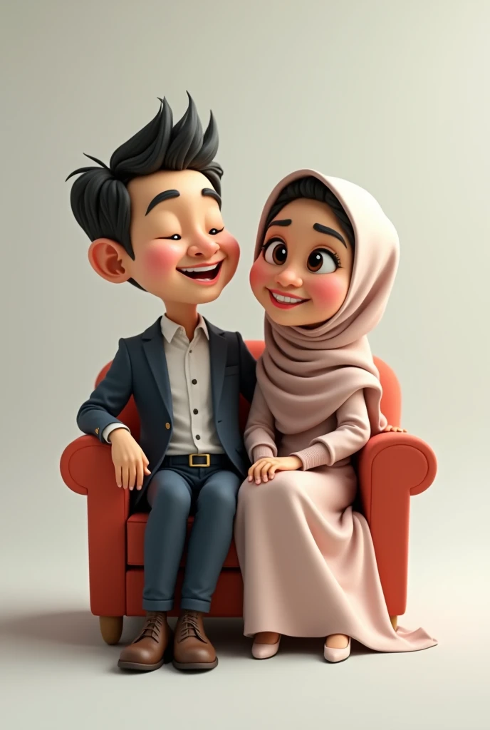 make a 4D caricature picture of a married couple sitting in a chair,and his wife wears a hijab