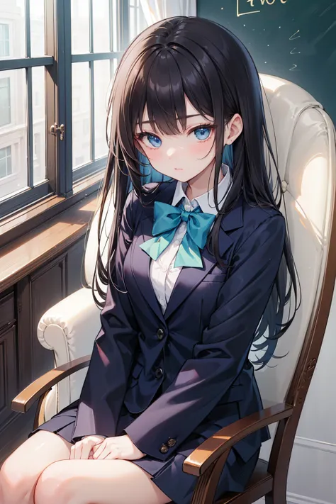 A high school student ， Has long, dark hair ， with warm blue eyes  ， Wore a fresh blue suit and black boots，  pure white collar and bright green bow 。  has long dark hair and warm blue eyes ， sitting in a chair 。