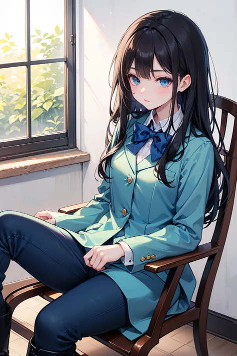 A high school student ， Has long, dark hair ， with warm blue eyes  ， Wore a fresh blue suit and black boots，  pure white collar and bright green bow 。  has long dark hair and warm blue eyes ， sitting in a chair 。