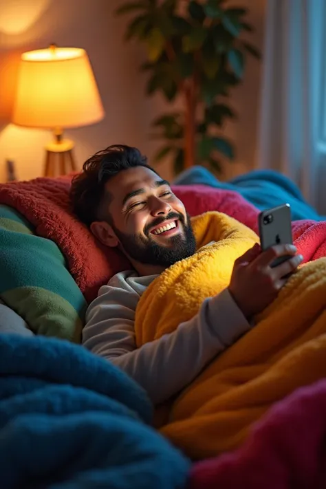 
"A man lying on his bed, wrapped in 10-12 thick blankets, looking cozy and comfortable. The blankets are layered in vibrant colors. He is holding a smartphone in his hand, smiling while watching something on the screen. The room is illuminated with soft, ...